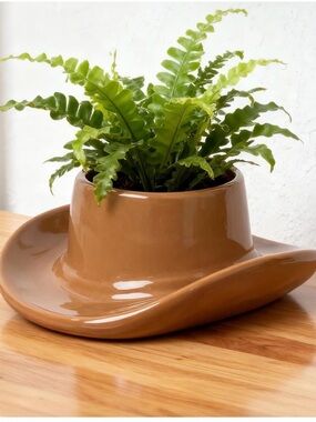 Ceramic Cowboy Hat Planter in Warm Brown 7”x6.5”.3”H : NEW